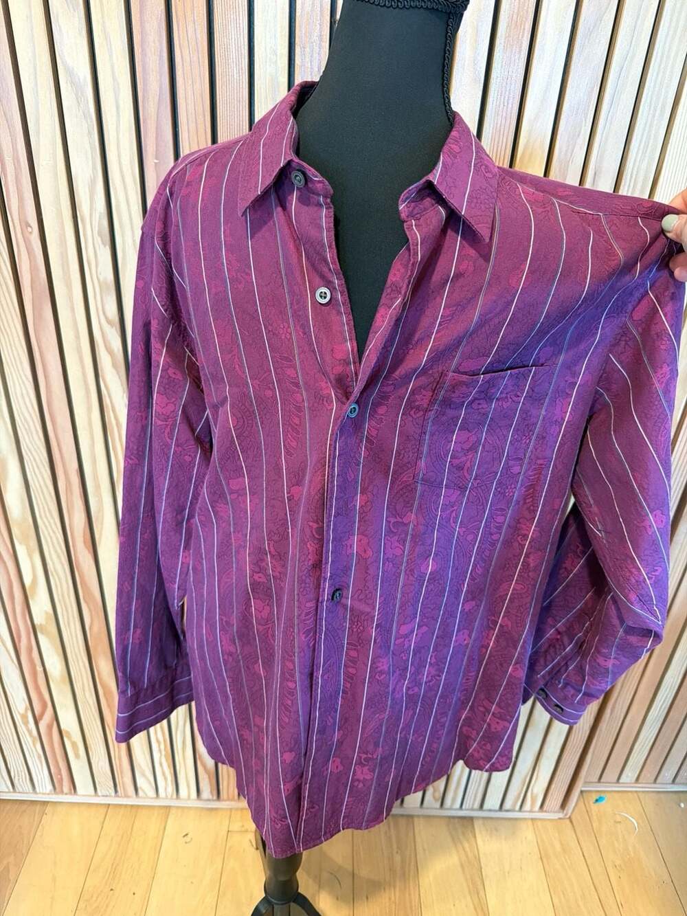 Tommy Bahama Men's Large Purple Striped Paisley Floral Silk Blend Button Up Shir